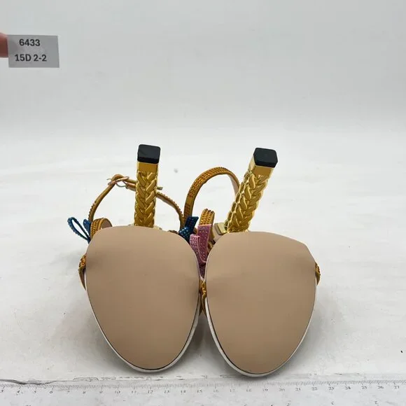 FSJ Crystal Bows Gold Metal Chain Thick High Heel Open Toe Crystal Bows Sandals - Picture 7 of 8